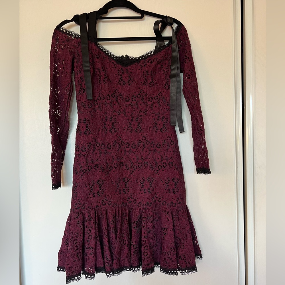 NWT Alexis Sophie Burgundy Lace Off Shoulder Tie Shoulder Dress. Small - Picture 8 of 14